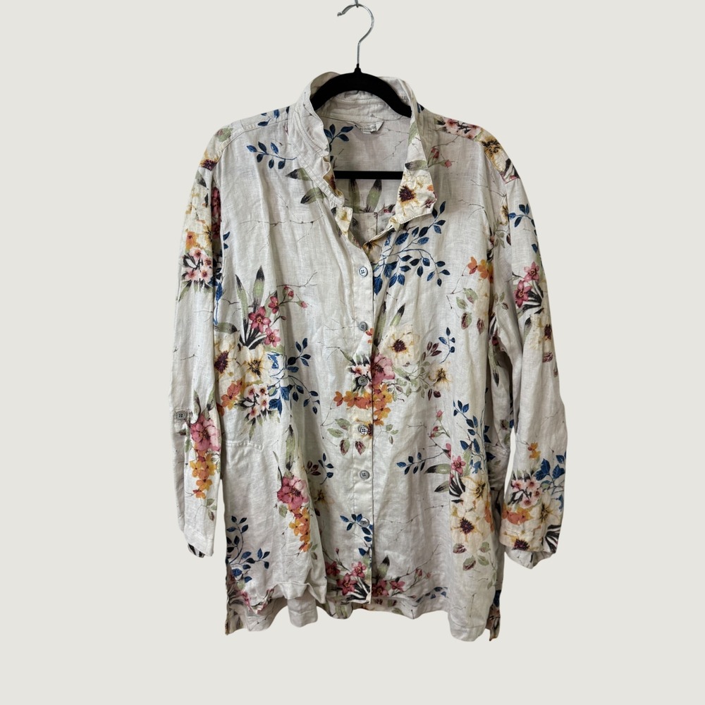 John Mark Floral Linen Button Up Top 2X Cream Wire High Collar Fall Layering